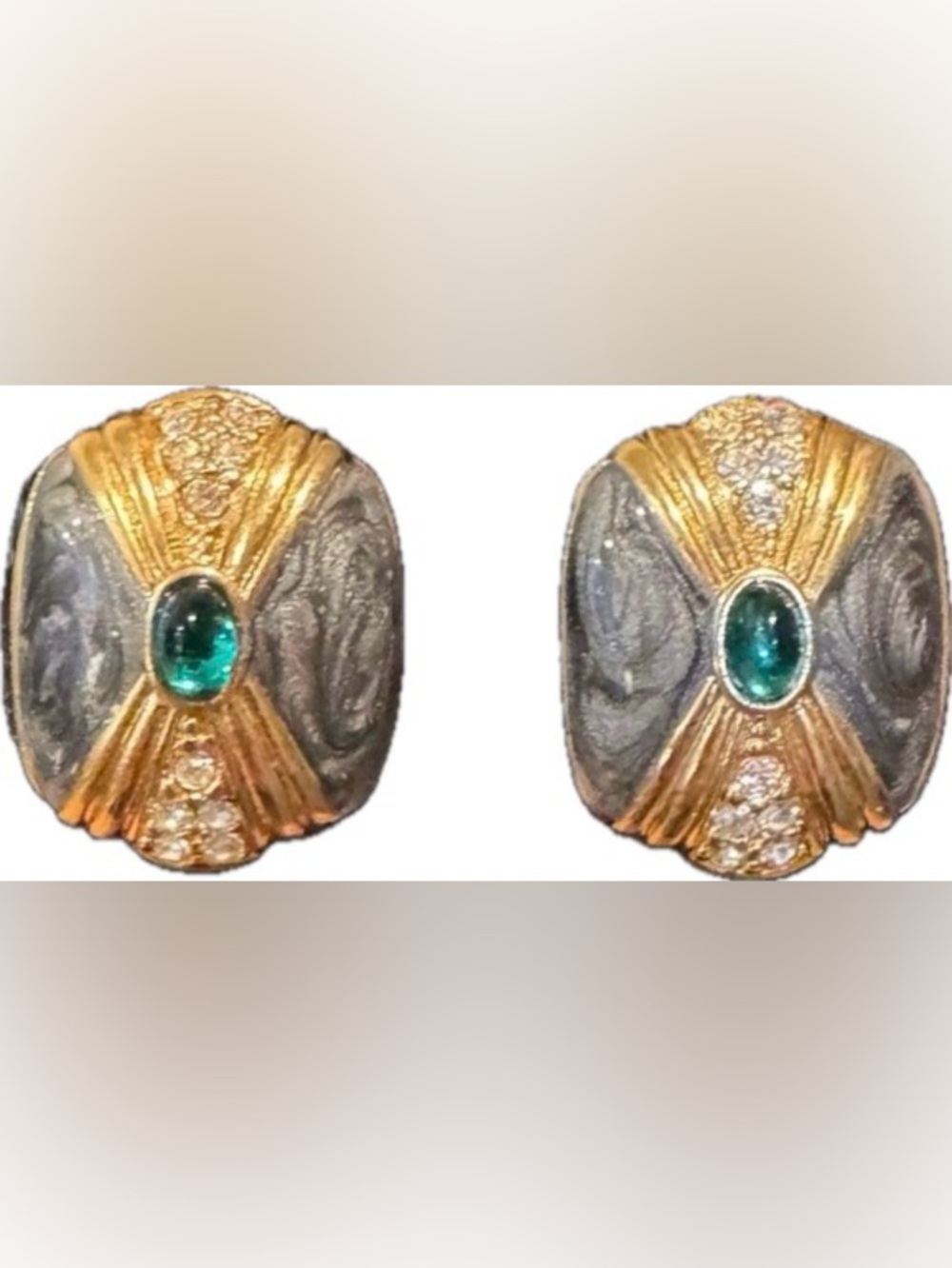 Vintage Kenneth Jay Lane KJL Avon GoldTone, Gray Enamel, & Green Glass Cabochons - Picture 2 of 6